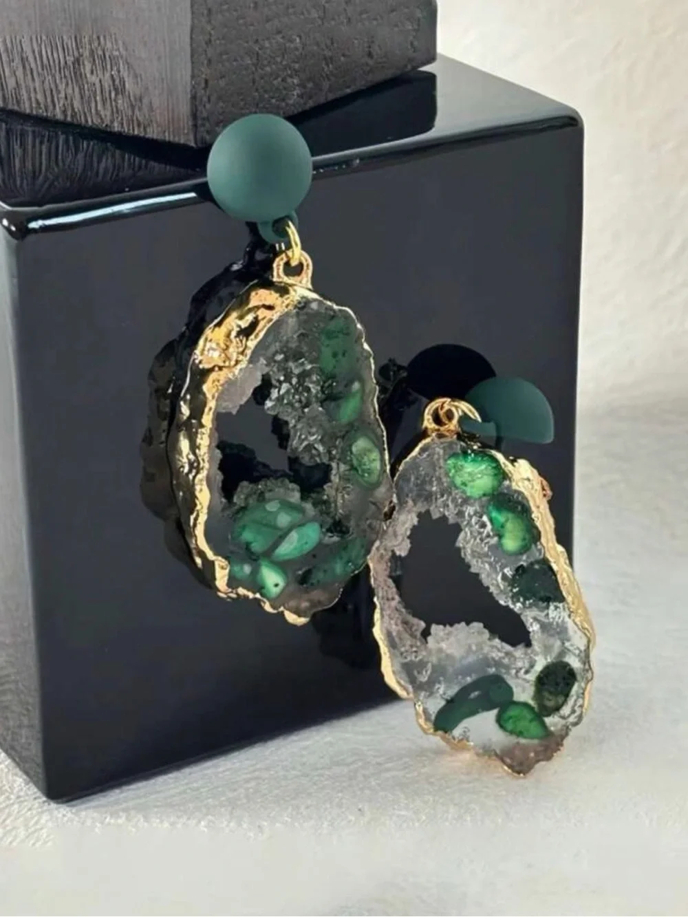 Green Geode Drop Earrings - Gold Trim
